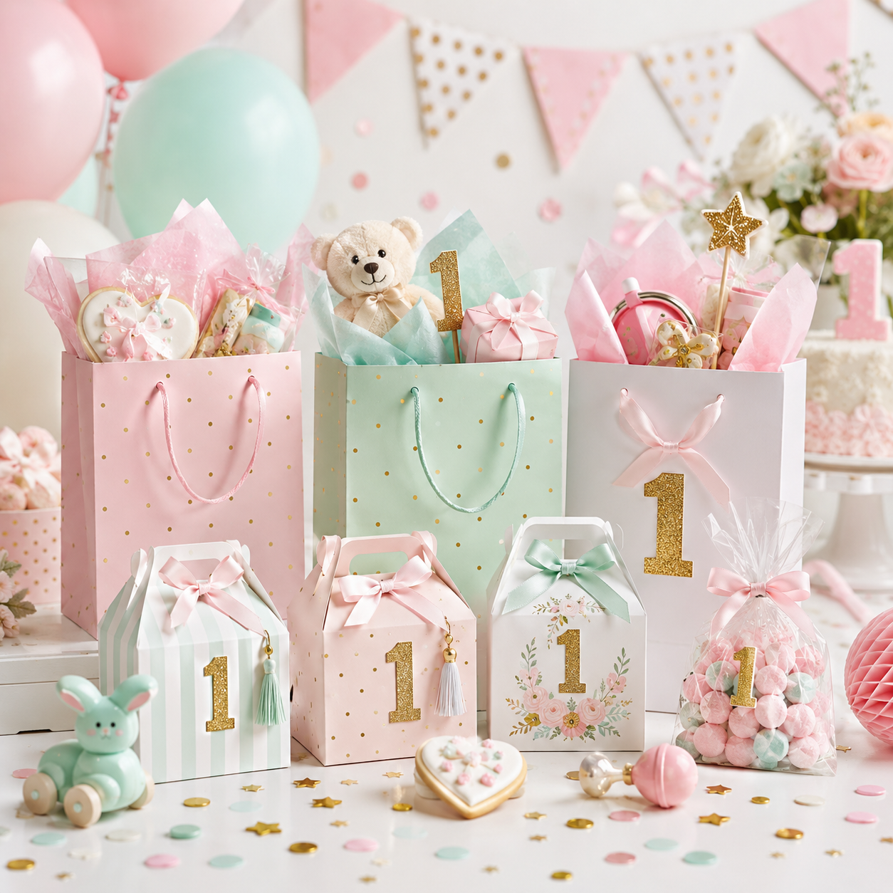 First birthday party bags filled with treats and party bag fillers for guests at a first birthday party